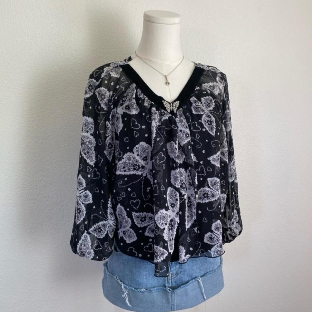 Y2K Amy Byer Butterfly Rhinestone Embellished Mesh Blouse McBling Fairy Whimsy